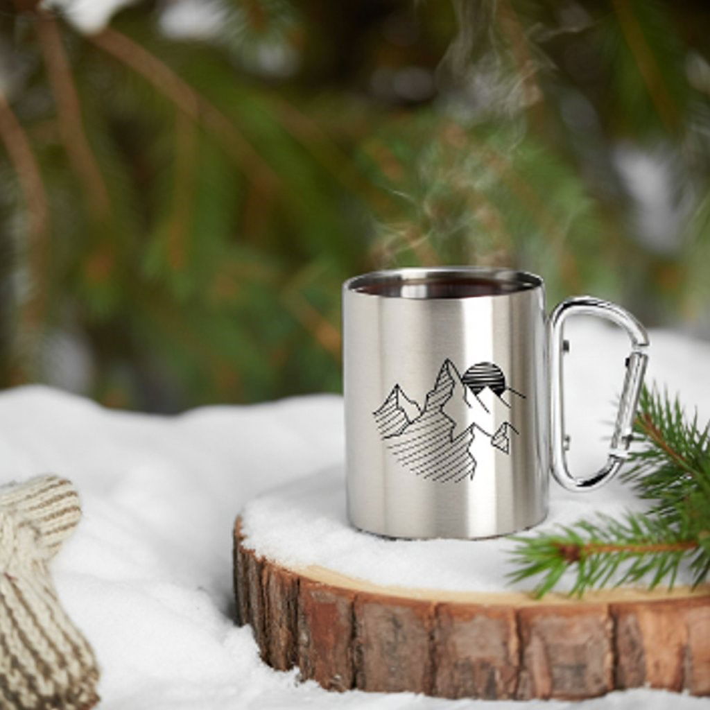 Edelstahlbecher mit Karabiner, Travel, doppelwandig aus Metall 4-fach, (B/H/T) 8x9x4cm Pokal