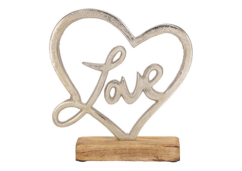Présentoir cœur Love en métal sur socle en bois de manguier argenté (L/H/P) 20x22x5cm