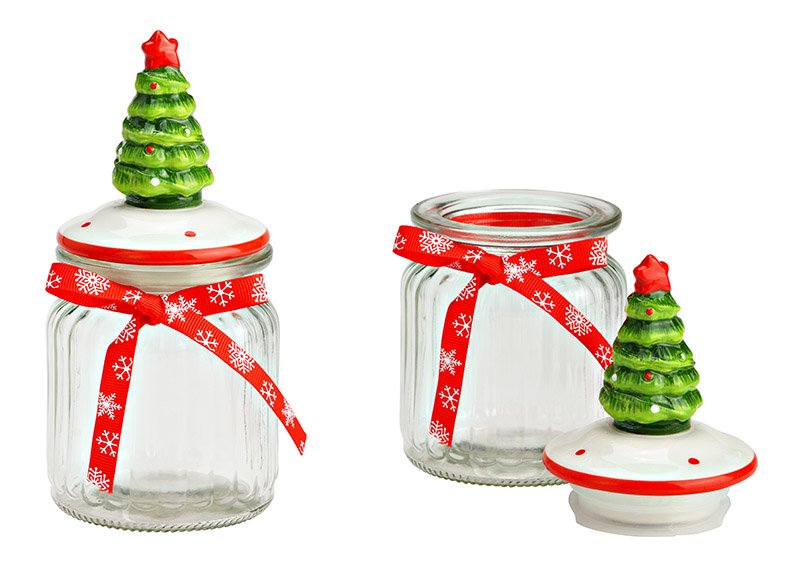 Storage jar with ceramic Christmas tree lid made of transparent glass (W/H/D) 7x16x7cm 250ml