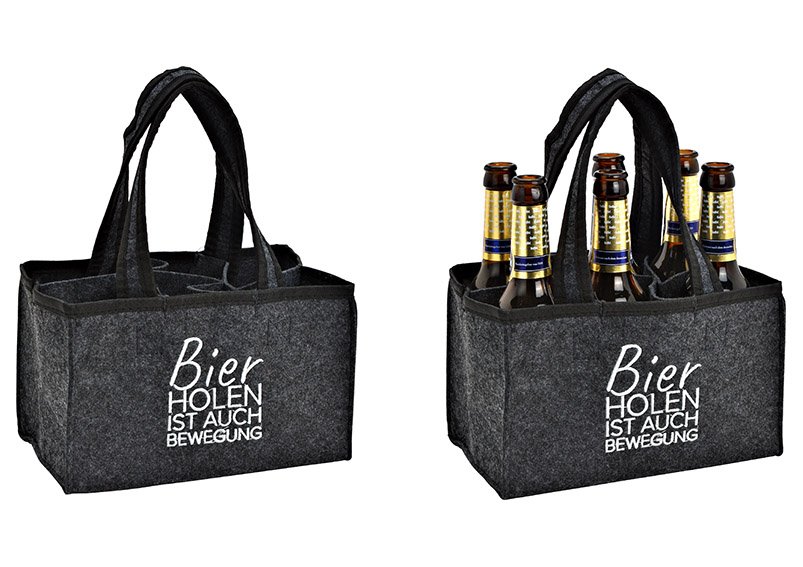 Bottle bag with 6 compartments, Bier holen ist auch Bewegung, made of felt grey (W/H/D) 24x15x5cm