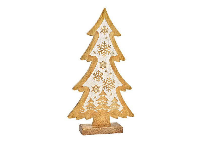 Stand fir tree, snowflake decor of mango wood natural, white (W/H/D) 23x42x6cm