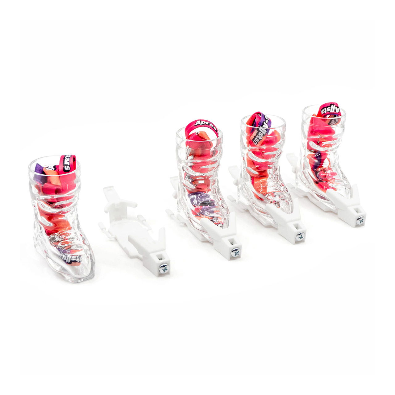 Apres-Allstars skischoenen shotglazen set met binding, lanyards set van 4, gemaakt van glas wit 4cl glas 69x36x74mm, binding 110x38x24mm