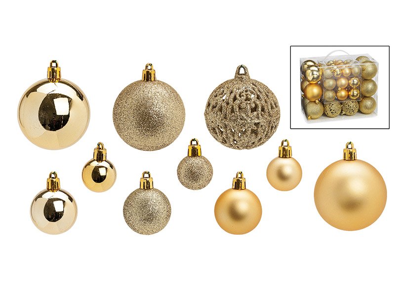 Weihnachtskugeln aus Kunststoff, 50er-Set, Gold Ø3/4/6cm (B/H/T) 23x18x12cm