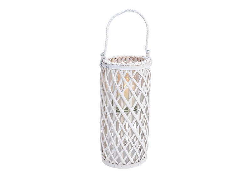 Lantaarn vlechtwerk met lantaarn glas van natuurlijk materiaal Wit (B/H/D) 18x40x18cm