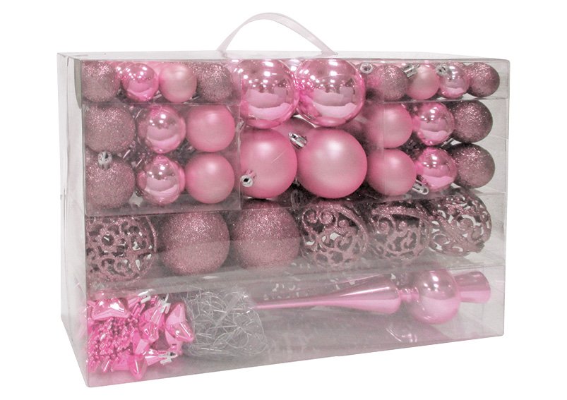Weihnachtskugeln aus Kunststoff, 111er-Set, Pink/Rosa Ø3/4/6cm (B/H/T) 36x23x12cm
