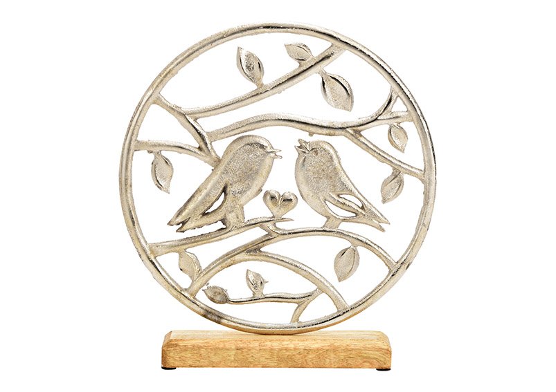Aufsteller Vogel, auf Mangoholz Sockel, aus Metall Silber (B/H/T) 24x27x5cm