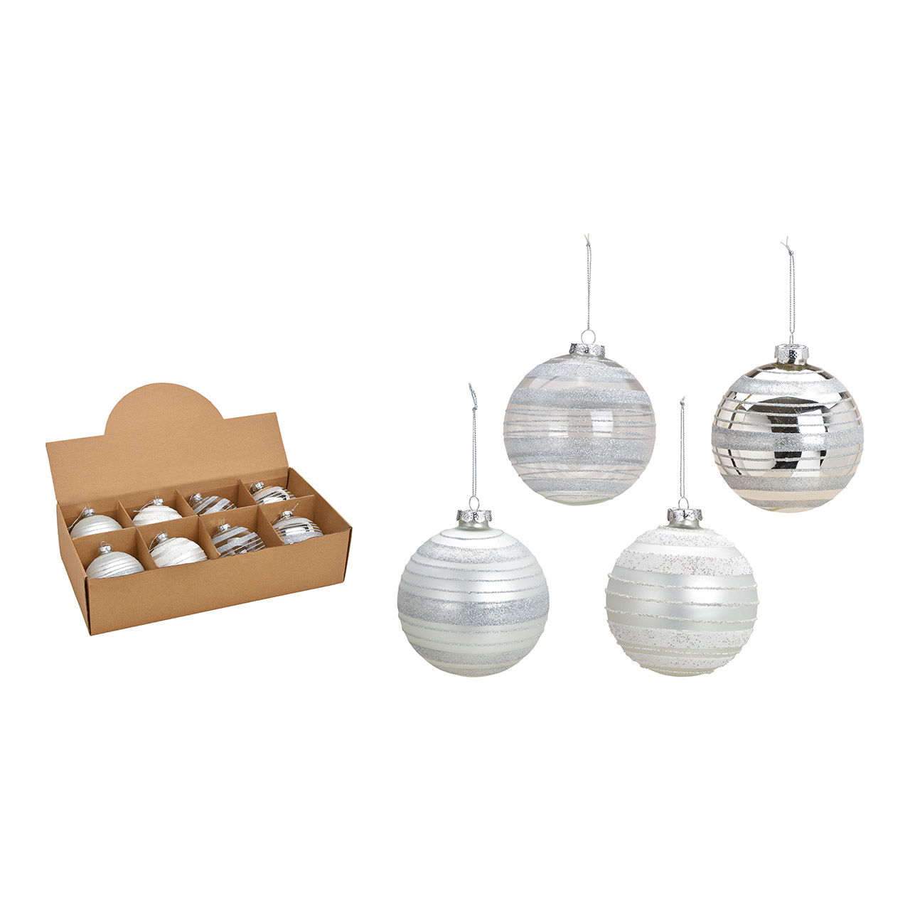 Weihnachtskugel aus Glas, 4-fach, Weiß/Silber Ø10cm Weihnachtskugel aus Glas, 4-fach, Weiß/Silber Ø10cm