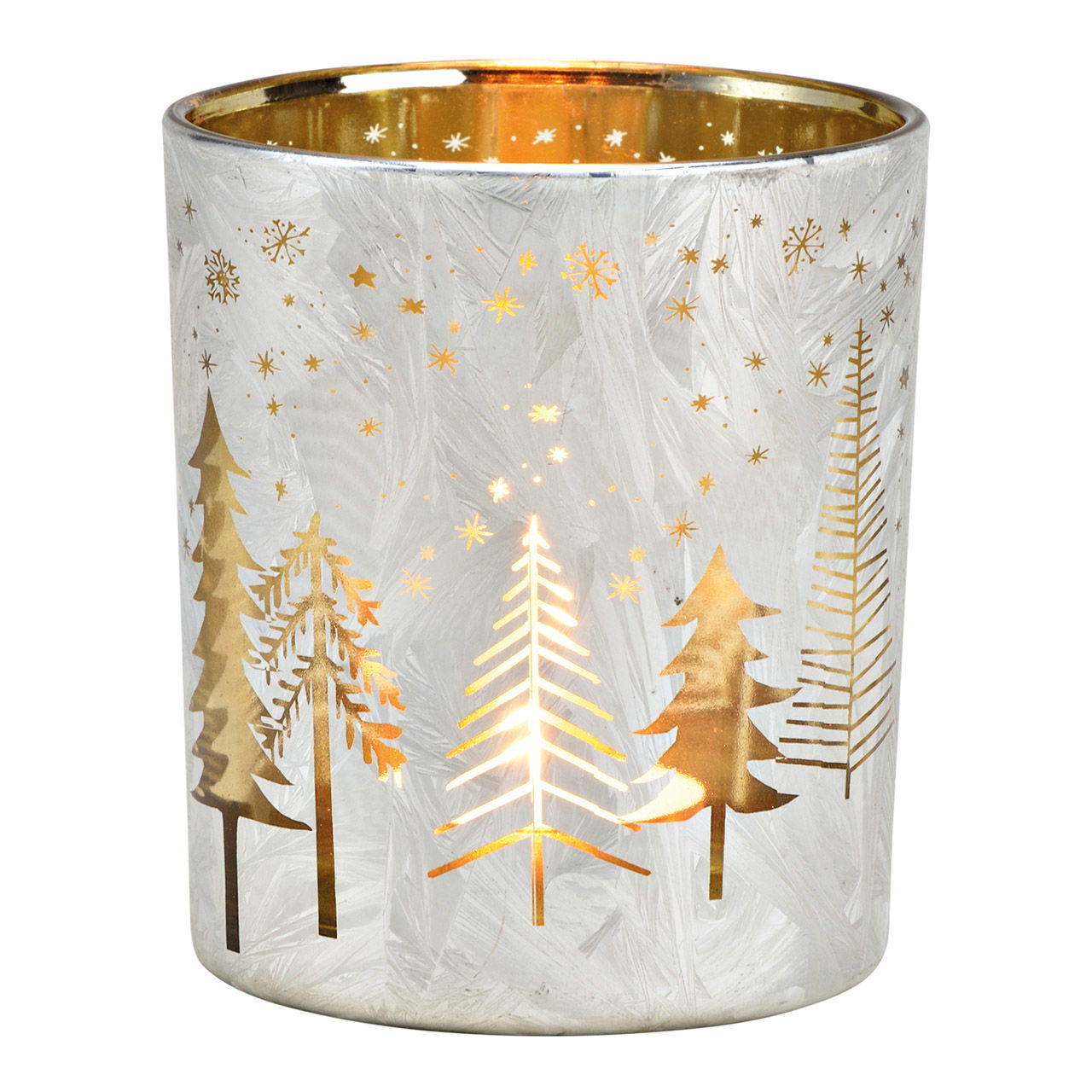 Windlicht Tannenbaum Dekor aus Glas Weiß, gold (B/H/T) 9x10x9cm