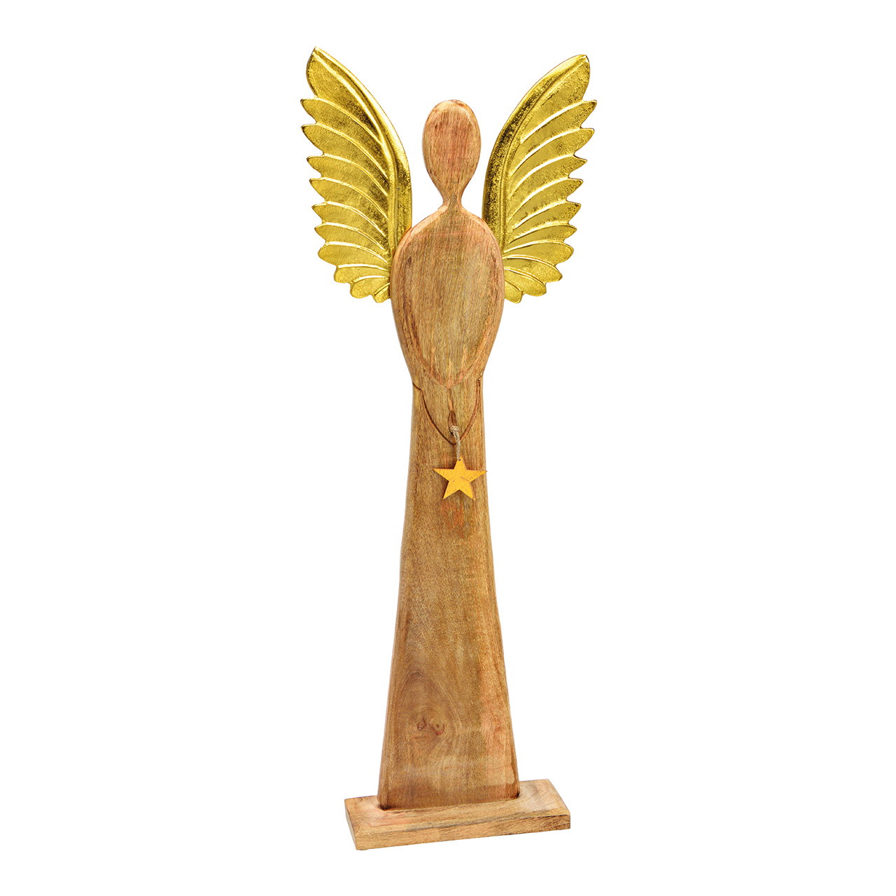 Présentoir ange avec ailes en métal, pendentif étoile, en bois de manguier brun, doré (L/H/P) 45x115x13cm Présentoir ange avec ailes en métal, pendentif étoile, en bois de manguier brun, doré (L/H/P) 45x115x13cm