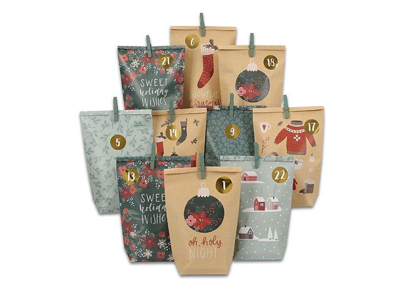 Advent calendar craft set, 24 double-sided printed paper bags 14x22cm, 24 wooden clips 4.5cm, 24 number stickers 72-piece set, made of paper/cardboard colorful (W/H/D) 24x34x1cm