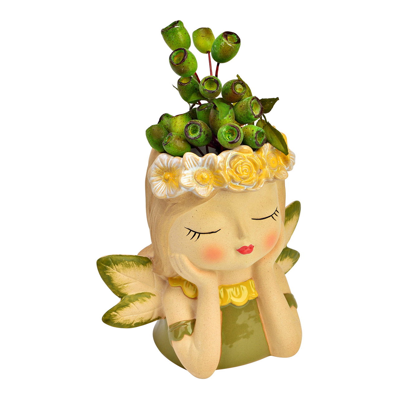 Vase Mädchen mit Flügeln aus Steingut, Beige/Grün (B/H/T) 17x17x11cm Figur, Person, Gesicht, Kopf, Spielzeug