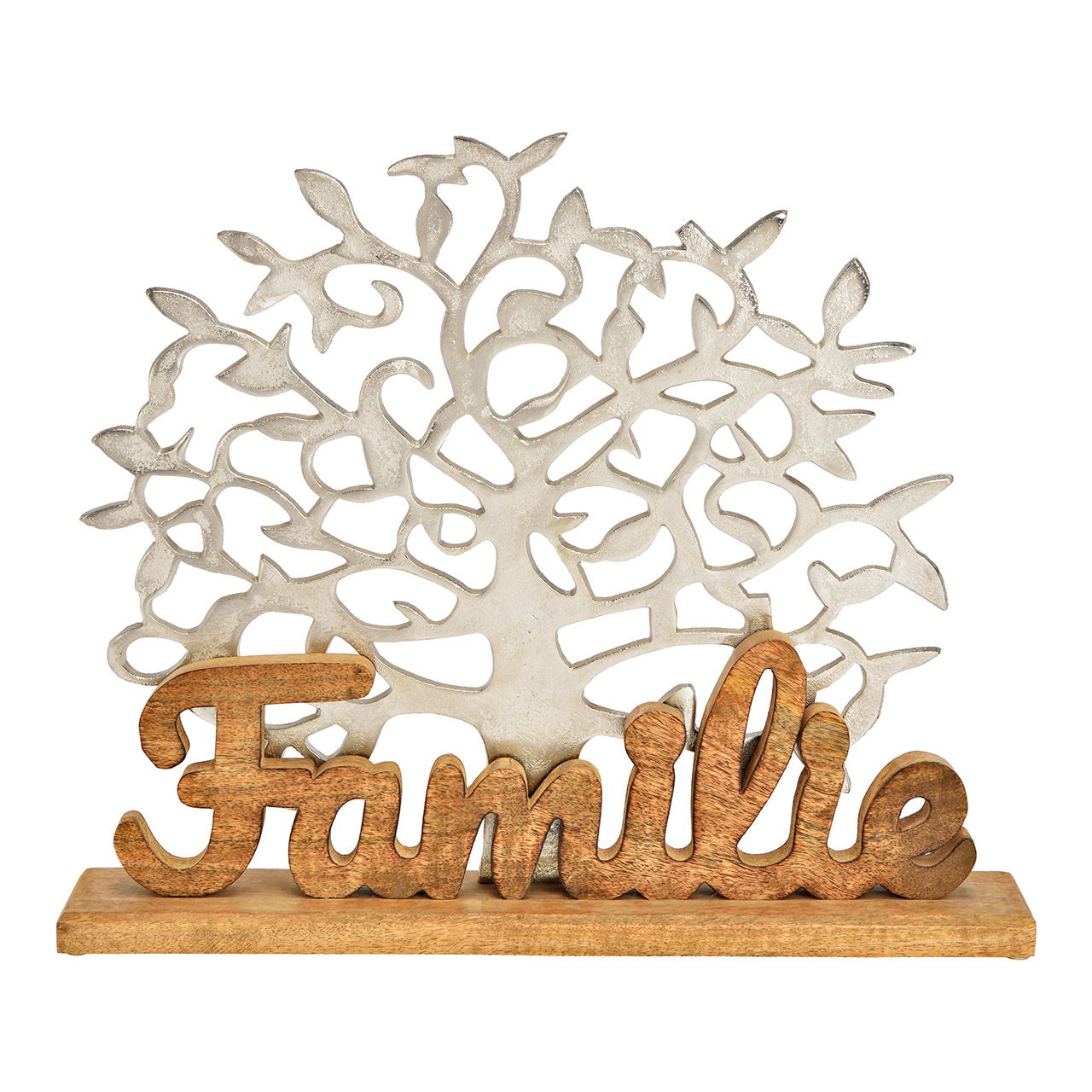 Piantana per albero, con scritta, famiglia, su base in legno di mango, in metallo argentato (L/H/D) 51x42x10cm Piantana per albero, con scritta, famiglia, su base in legno di mango, in metallo argentato (L/H/D) 51x42x10cm