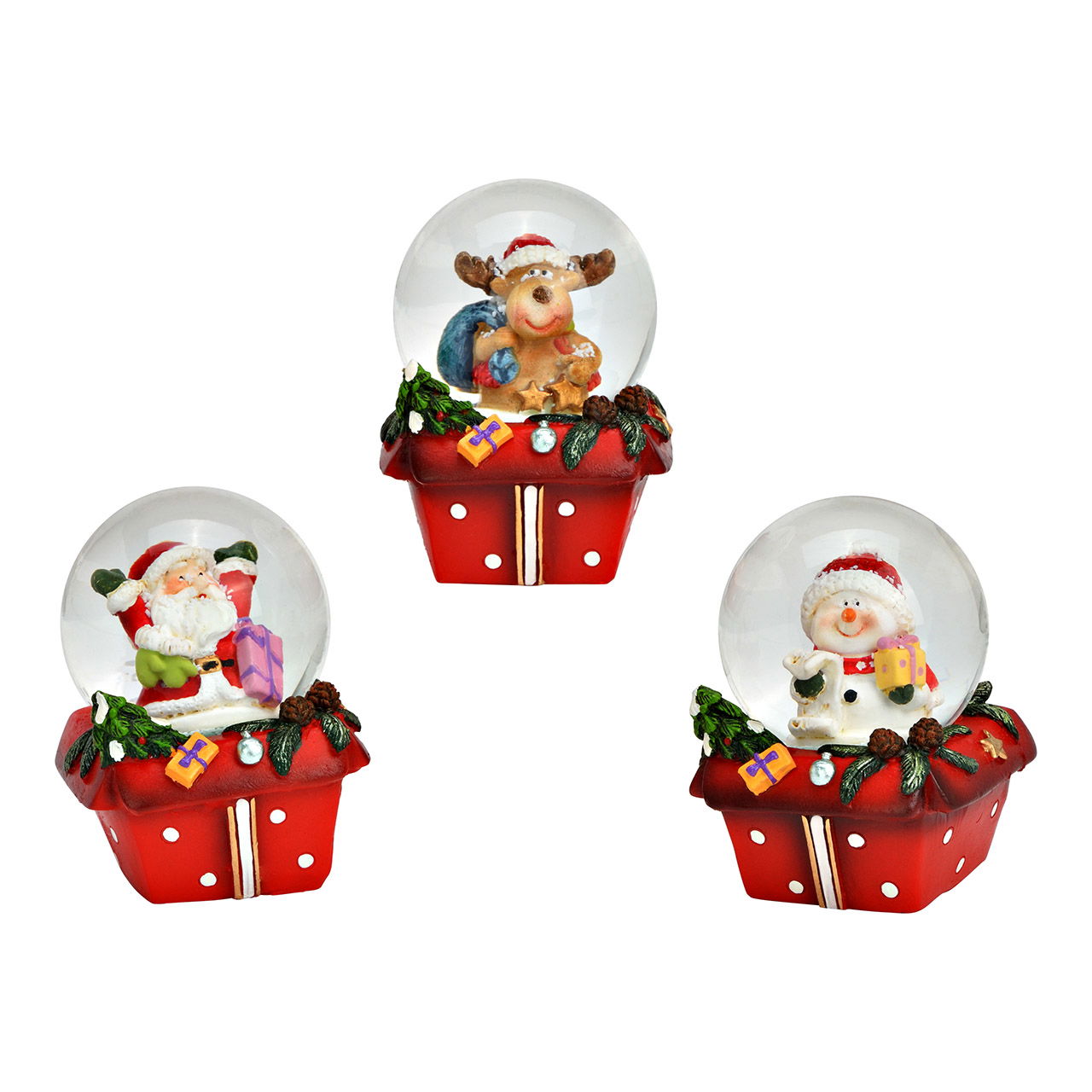 Sneeuwbol kerstman, sneeuwpop, eland, op cadeauzakje van glas/poly, 3-voudig, rood (B/H/D) 5x6x5cm Sneeuwbol kerstman, sneeuwpop, eland, op cadeauzakje van glas/poly, 3-voudig, rood (B/H/D) 5x6x5cm