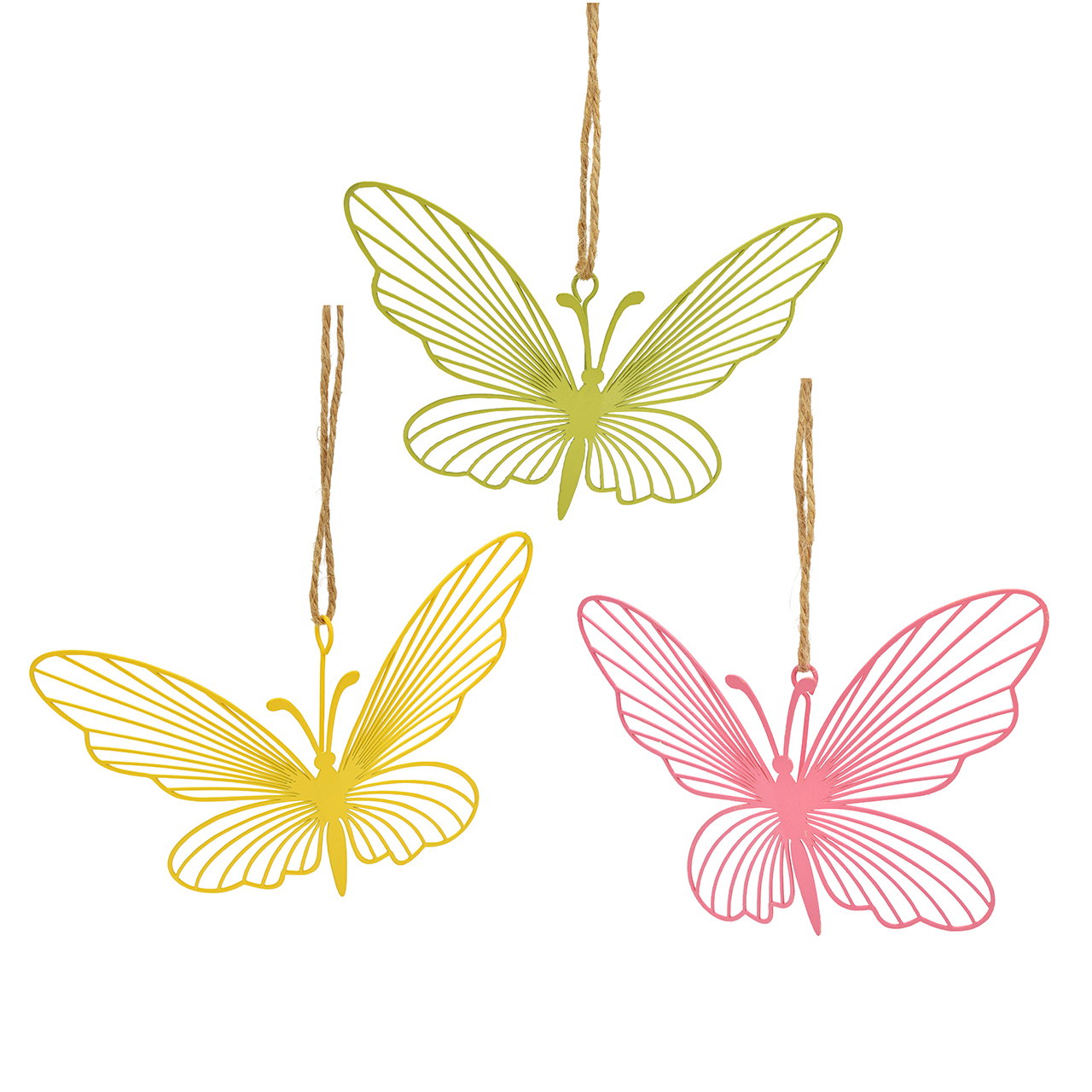 Hänger Schmetterling aus Metall Gelb/Rosa/Grün 3-fach sortiert (B/H/T) 13x10x3cm Schmetterling, Hängend, Dekoration, Papierkunst, Flügel-Design