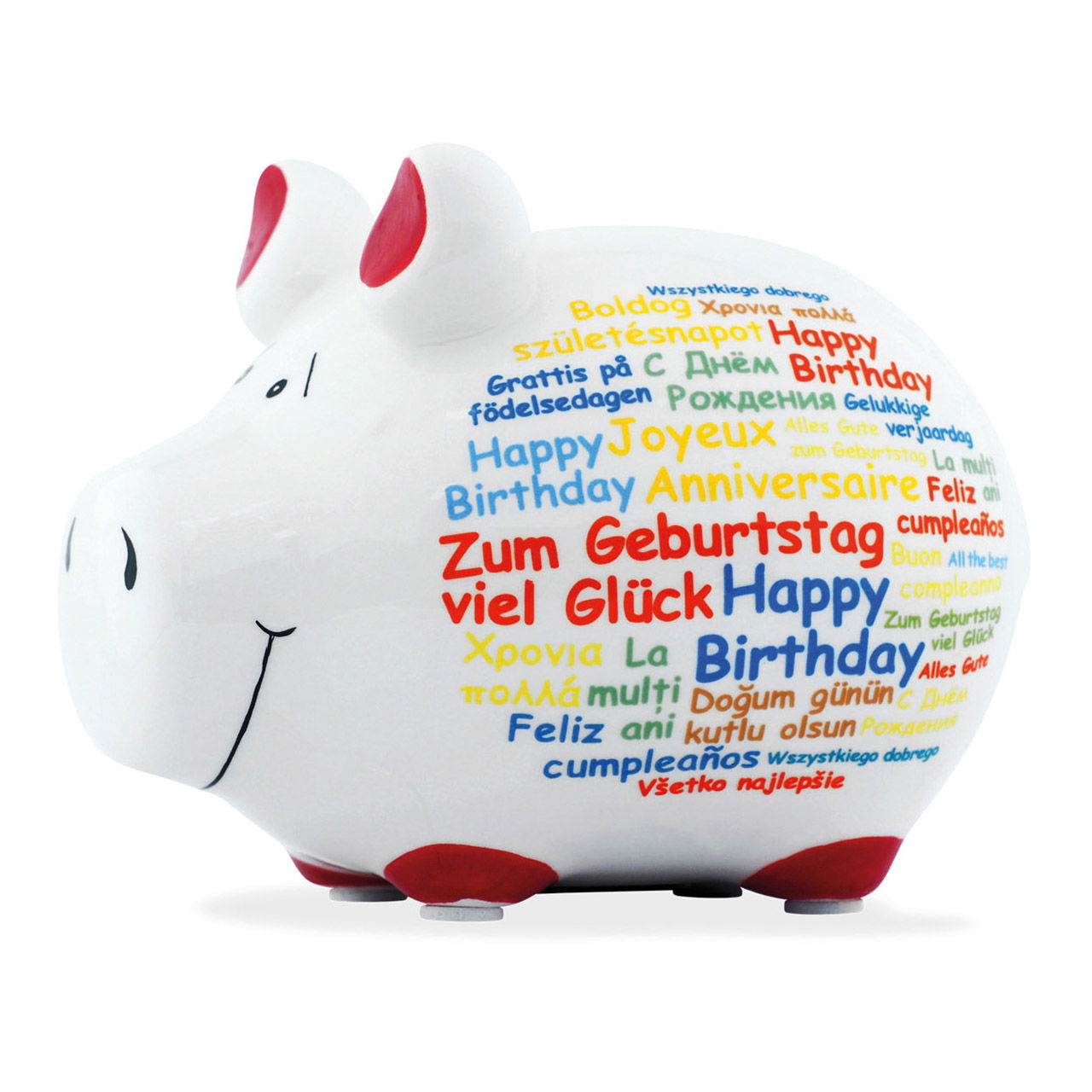 Sparschwein Company Sparschwein Happy Birthday International aus Keramik, Bunt (B/H/T) 12,5x9x9 cm Kleinschwein Sparschwein