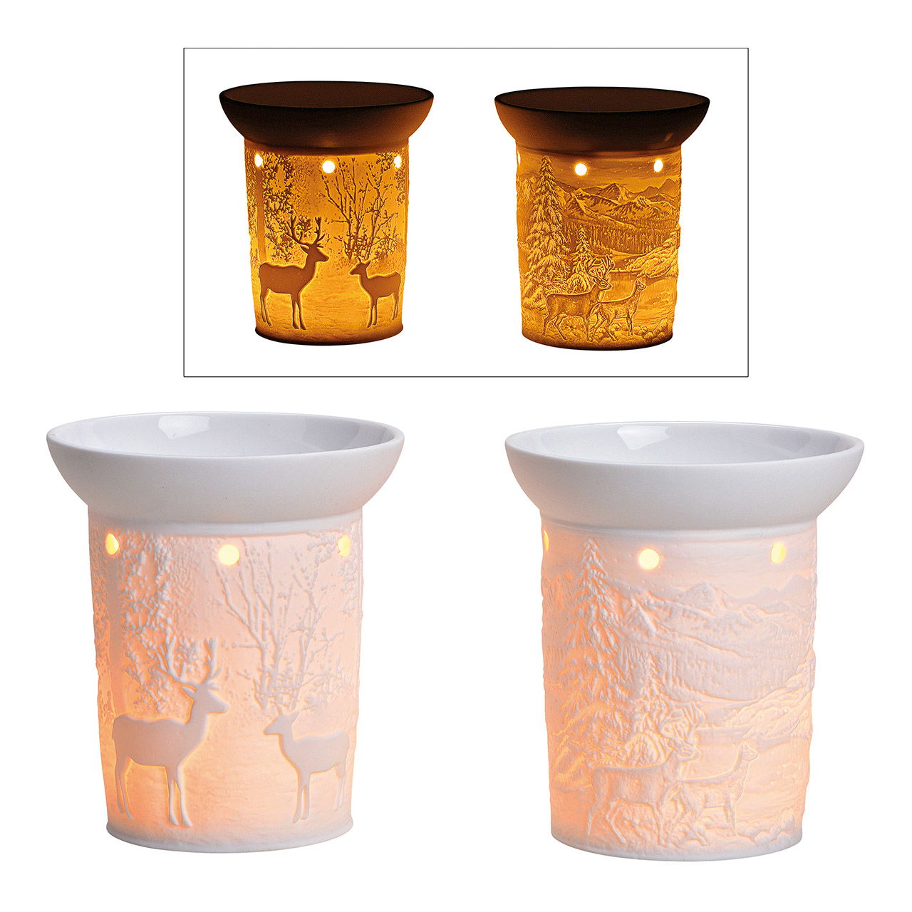 Duftlampe Winterwald Dekor aus Porzellan Weiß 2-fach, (B/H/T) 11x12x11cm Duftlampe Winterwald Dekor aus Porzellan Weiß 2-fach, (B/H/T) 11x12x11cm