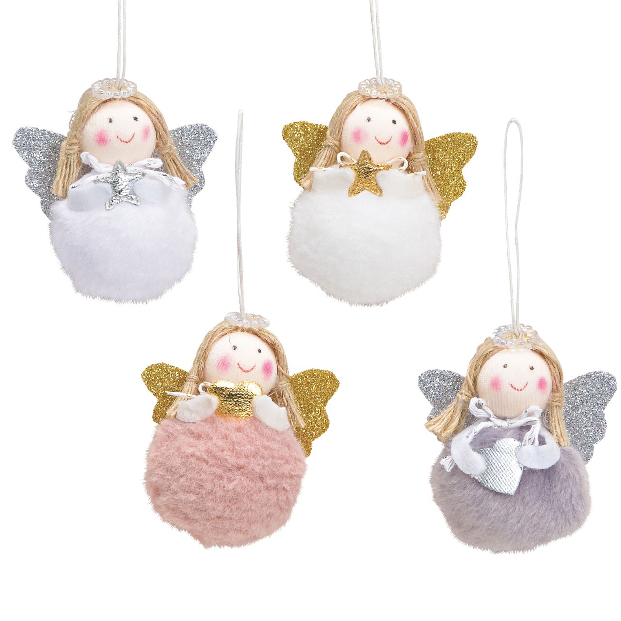 Weihnachtshänger Engel aus Textil, 4-fach, Rosa/Weiß/Grau (B/H/T) 5x7x5cm Puppe, Spielzeug, Gesicht, Kopf, Person