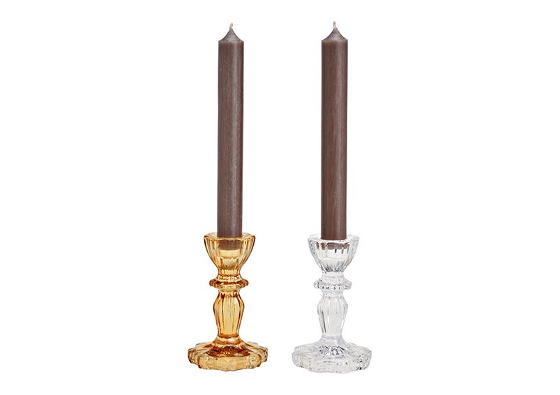 Candle holder made of glass transparent, brown 2-fold, (W / H / D) 7x11x7cm