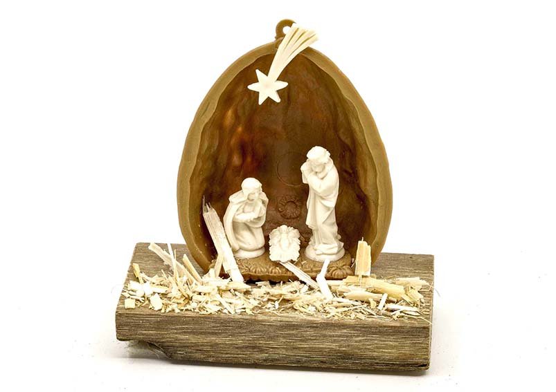 Nativity in nut half on wooden board, plastic, wood brown (W/H/D) 5x5x2cm