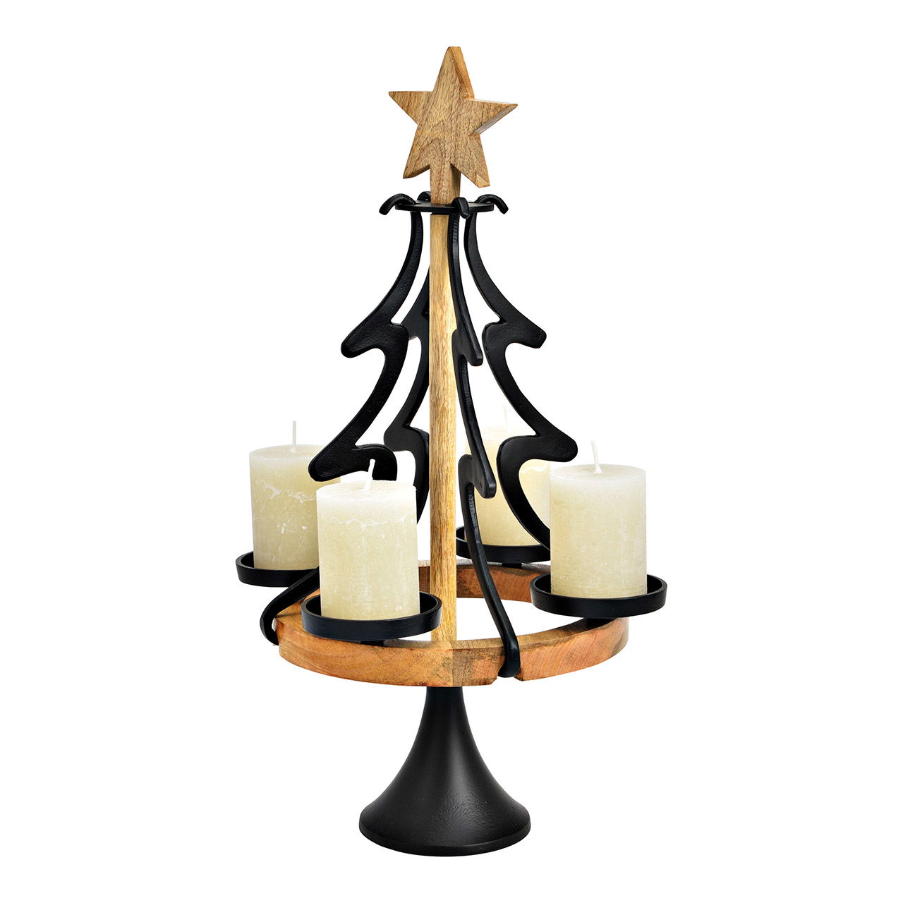 Decorazione dell'Avvento, albero di Natale per 4 candele 8cm, in metallo, legno di mango nero (L/H/D) 33x58x33cm