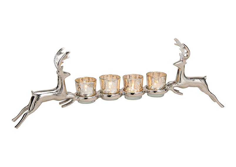 Teelichthalter, Adventsgesteck Hirsch dekor aus Metall mit 4 Windlicht Gläser Silber (B/H/T) 57x21x9cm