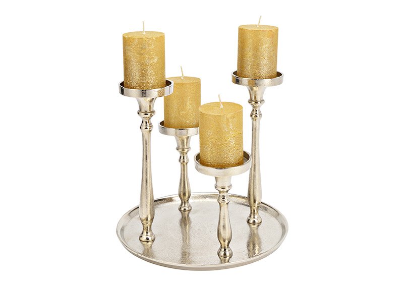 Advent arrangement, kaarsenhouder voor 4 kaarsen gemaakt van metaal zilver (B/H/D) 29x27x29cm
