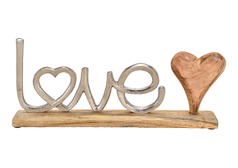 Supporto per scrivere LOVE in metallo con cuore in legno di mango e base argento, marrone (L/H/D) 40x18x5cm