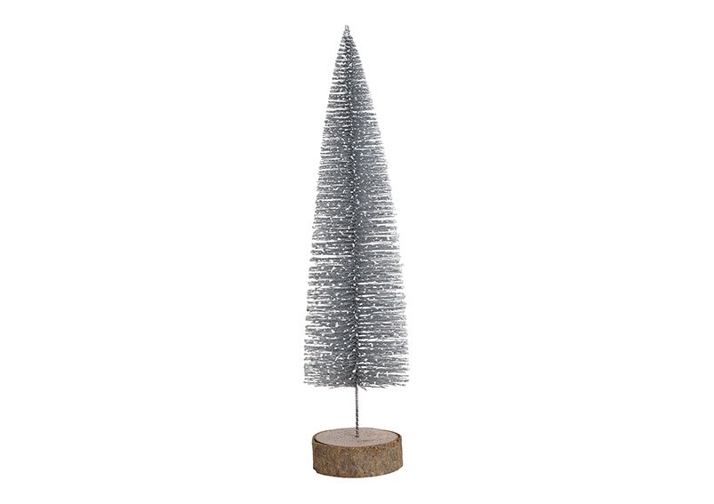 Tree on wooden base, with glitter, plastic, silver, 10x34x10cm