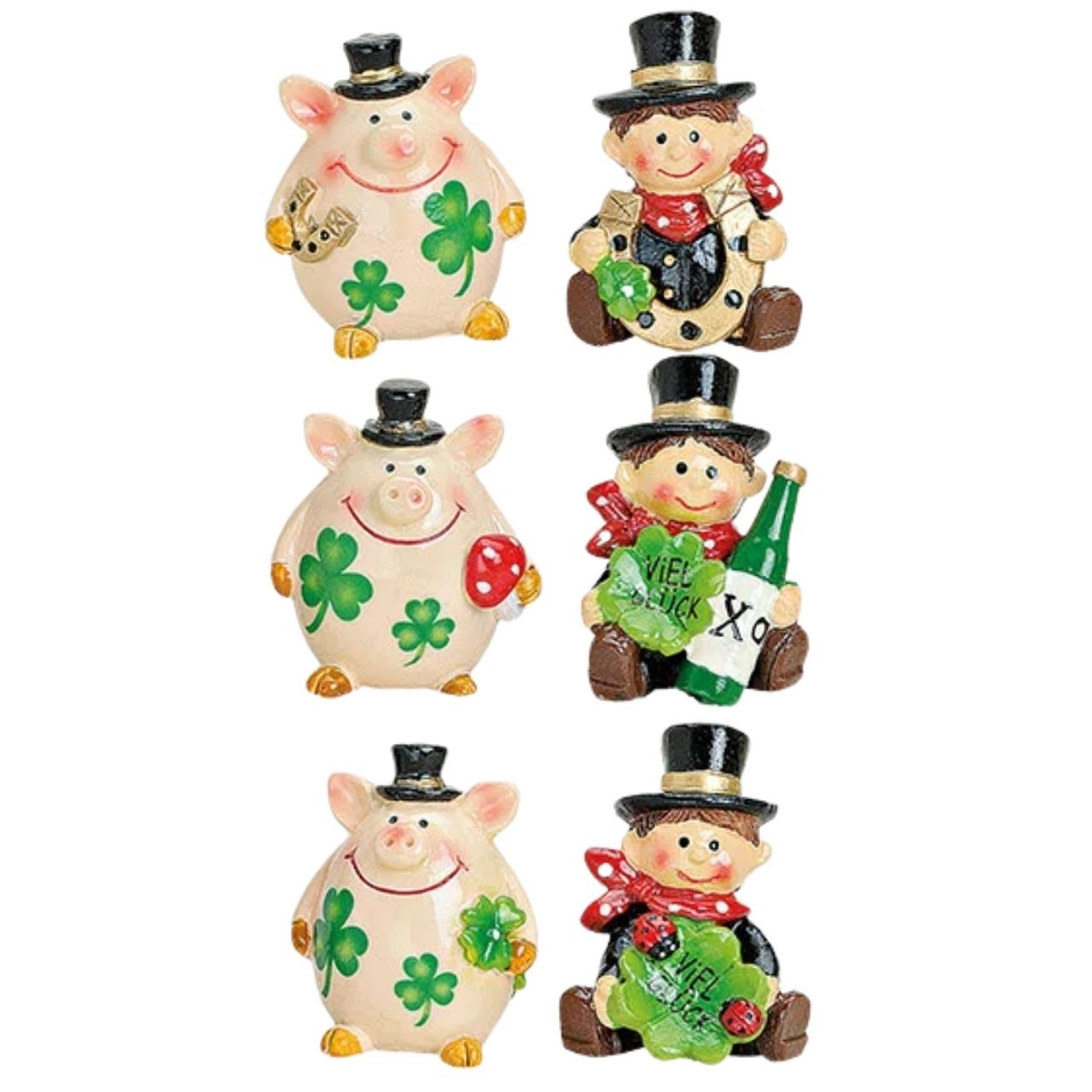 Glücksbringer aus Poly, 6-fach sortiert (B/H/T) 3x4x2 cm Schwein, Kleeblatt, Münzszene, Figur, Weinflasche