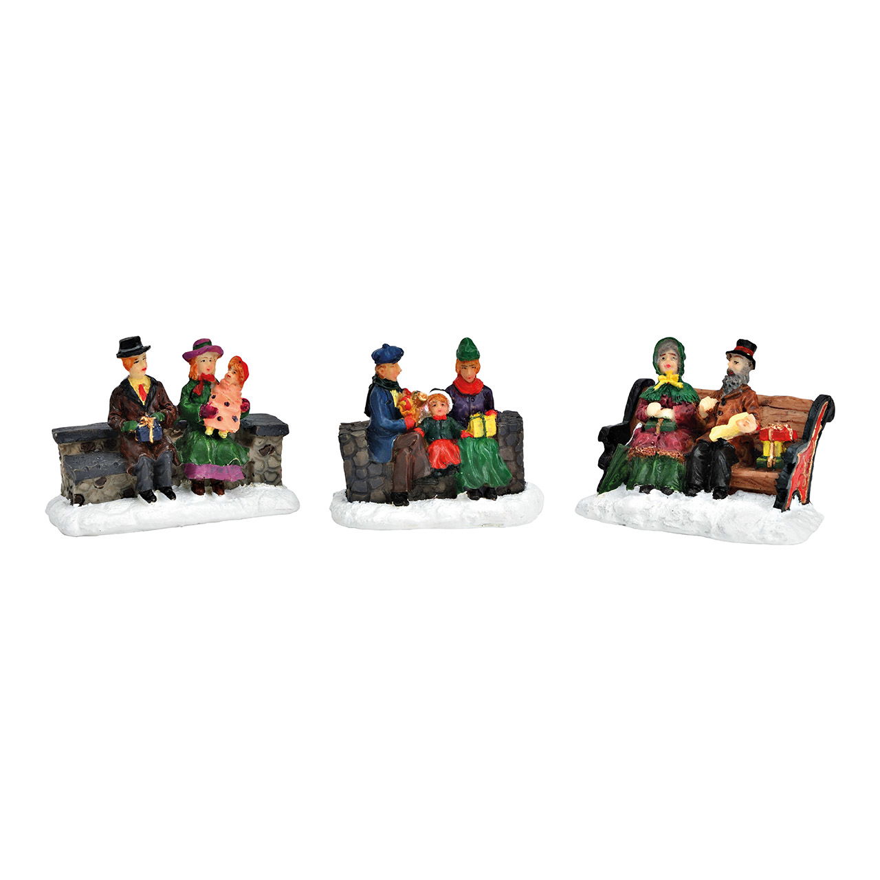 Miniaturfiguren Paar auf Sitzbank aus Poly bunt 3-fach, (B/H/T) 6x5x4cm 7x5x3cm 7x5x3cm