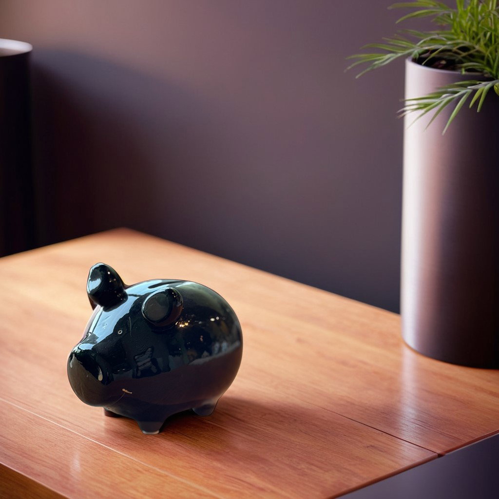 KCG ceramic piggy bank, black (W/H/D) 12.5x9x9cm small pig Hartholz, Holz, Pflanze, Pflanze im Topf, Tischplatte