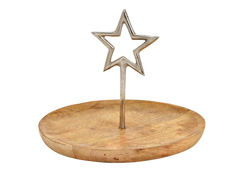 Assiette, métal décor étoile, en bois de manguier naturel (L/H/P) 25x22x25cm