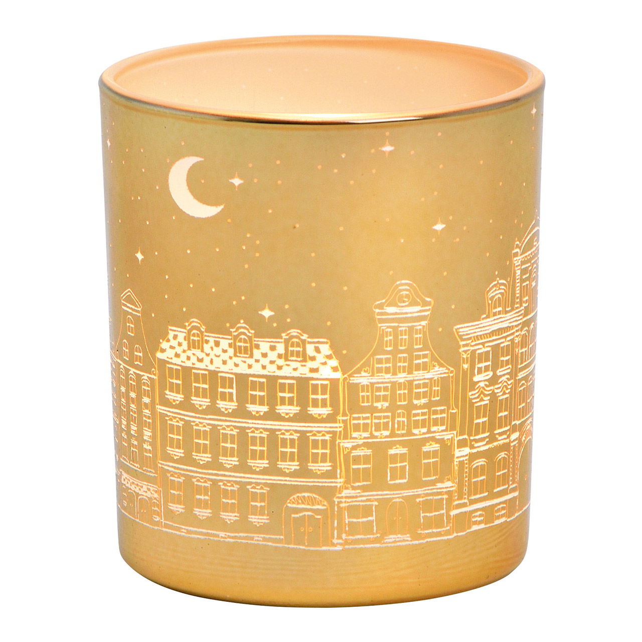 Windlicht stadhuisjes decor van glas goud (B/H/D) 7x8x7cm