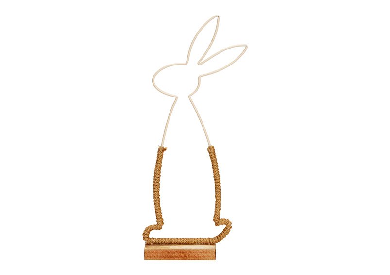 Stand rabbit with jute ribbon on wooden base made of metal natural (W/H/D) 12x32x4cm