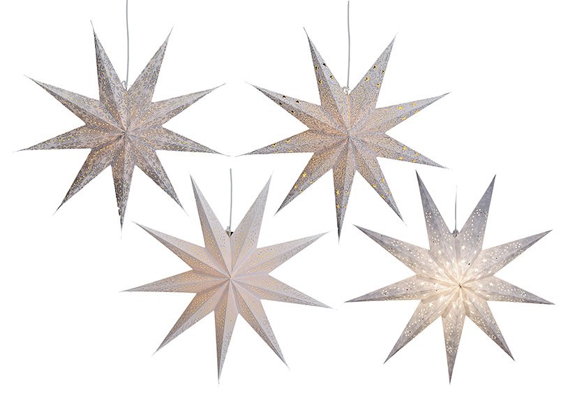 Leuchtstern aus Papier in weiß mit 9 Zacken, 2-fach sortiert, 60 cm