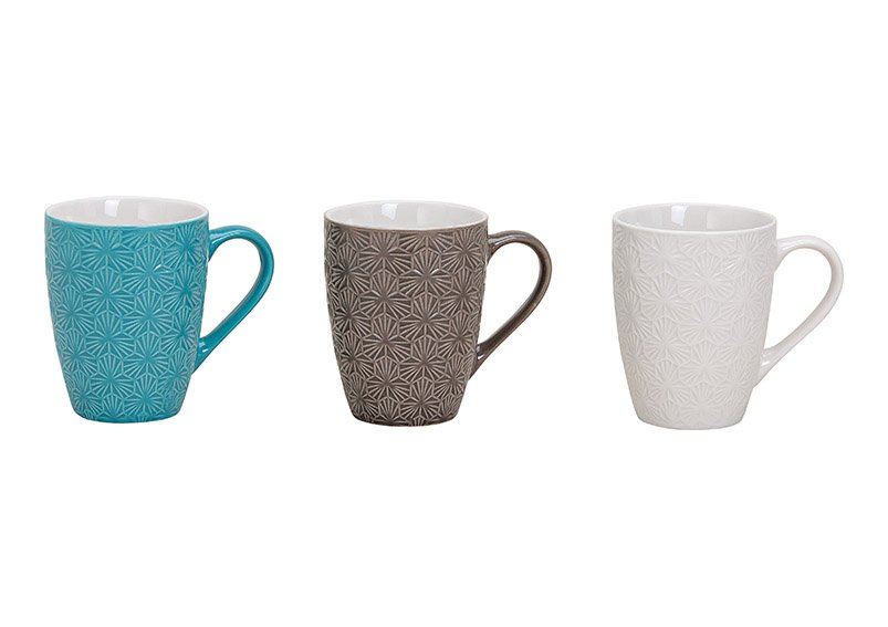 Mug, ceramic, unicolor, with designs, 3 asst. 11x10x8cm