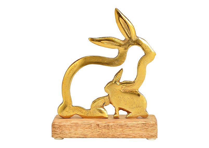 Stand rabbit on mango wood base, made of metal gold (W/H/D) 14x17x5cm