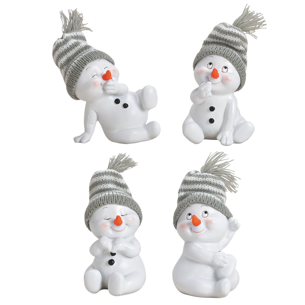 Schneemann Figur grau geringelte Mütze aus Poly Weiß 4-fach, (B/H/T) 9x8x11cm