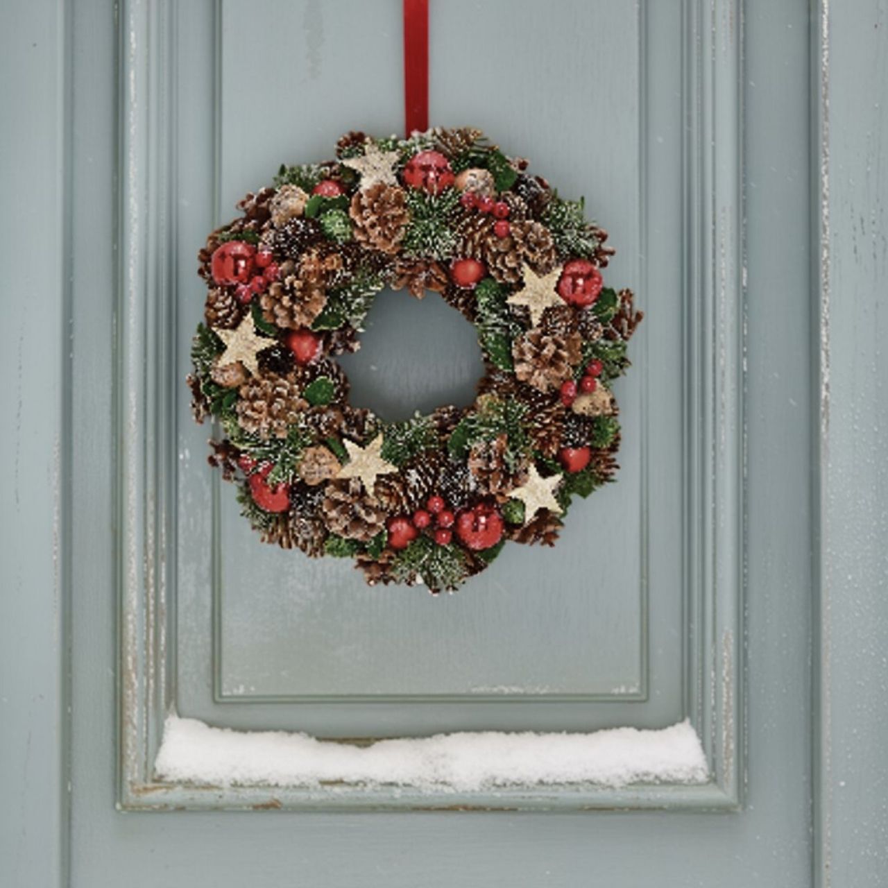 Couronne de Noël avec étoile, décor boule en bois, plastique multicolore (L/H/P) 34x8x34cm