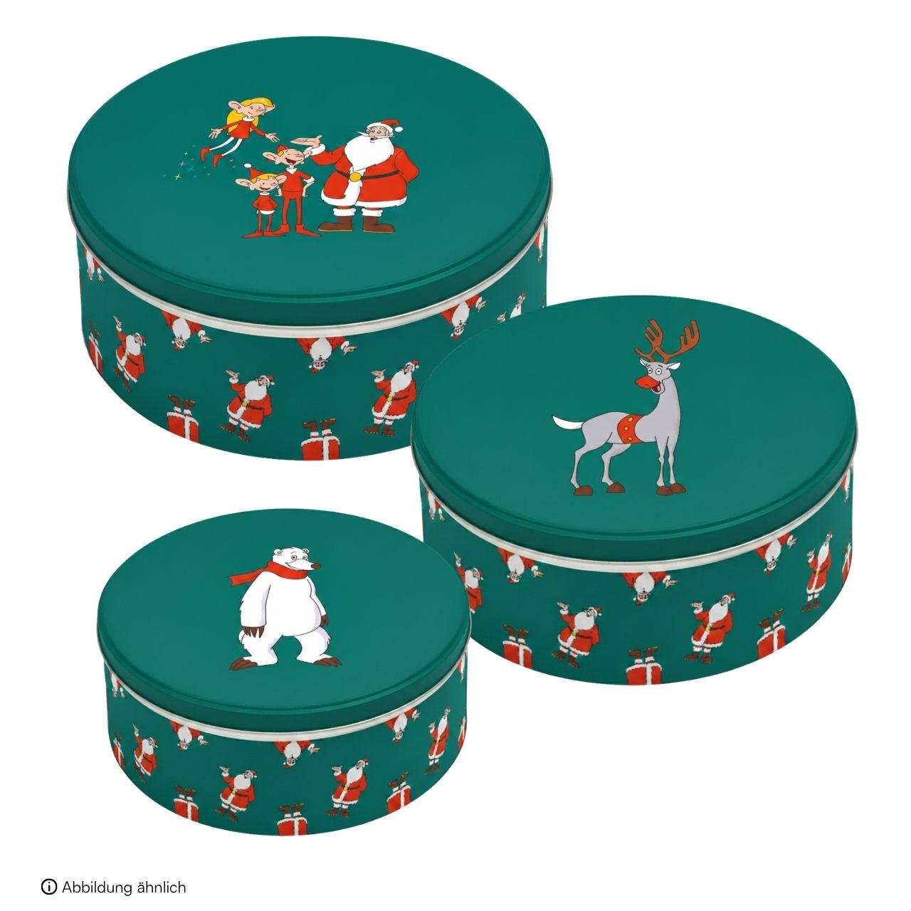 Weihnachtsmann & Co. KG Keksdose aus Metall, Grün (B/H/T) 19x8x19cm/17x7x17cm/14x6x14cm Dosen, Metall Dose, Weihnachten, Weihnachtsmann, Rentier