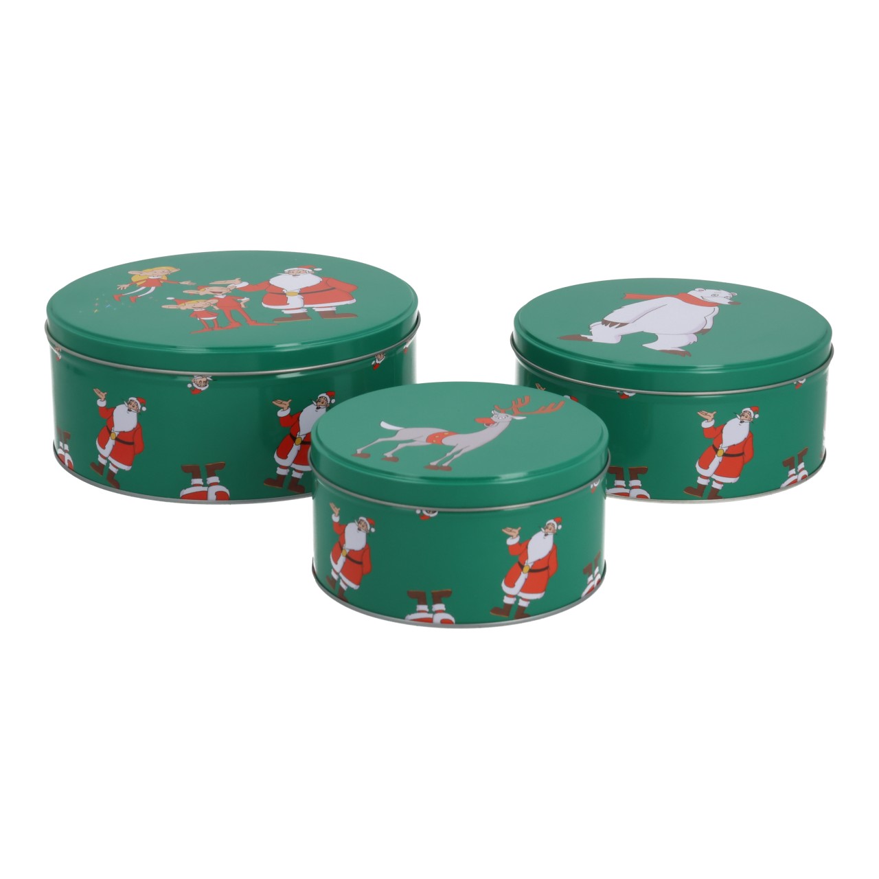Weihnachtsmann & Co. KG Keksdose aus Metall, Grün (B/H/T) 19x8x19cm/17x7x17cm/14x6x14cm Dosen, Metall Dose, Weihnachten, Weihnachtsmann, Rentier, Keksdose, Weihnachtsmotiv, Tee- oder Keksglas, Runddose, Grün