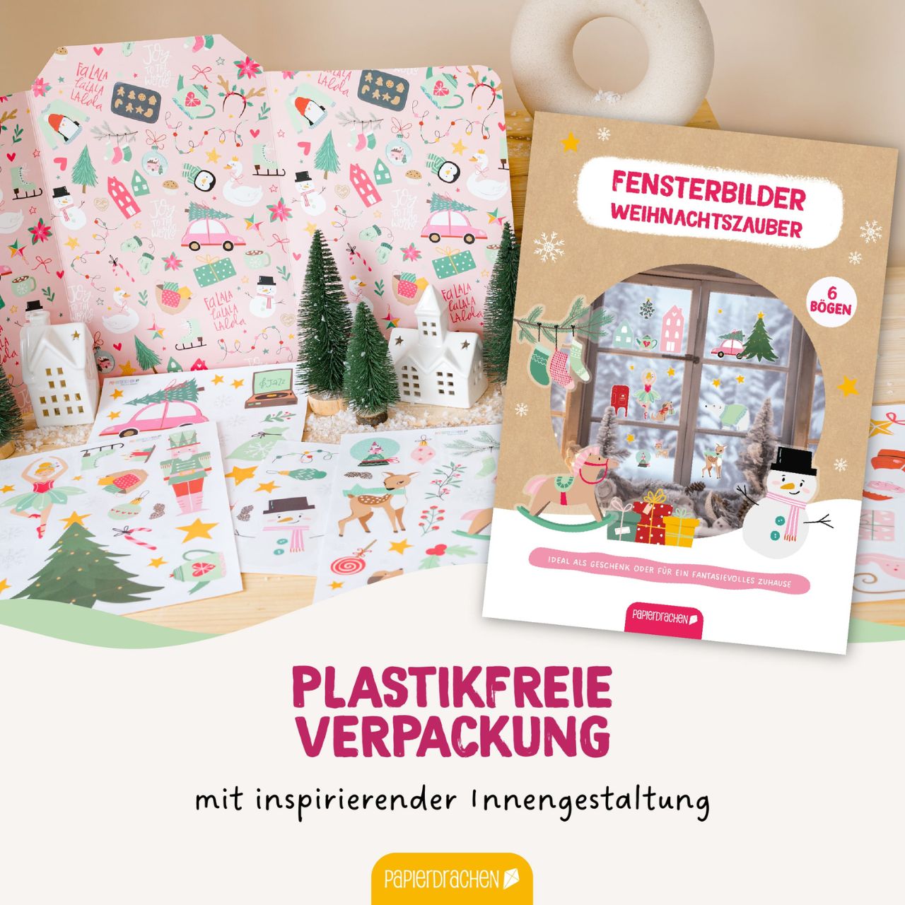 Weihnachtsdekoration, Stickerbogen, Winterlandschaft, Papierkarton, Dekorationsset