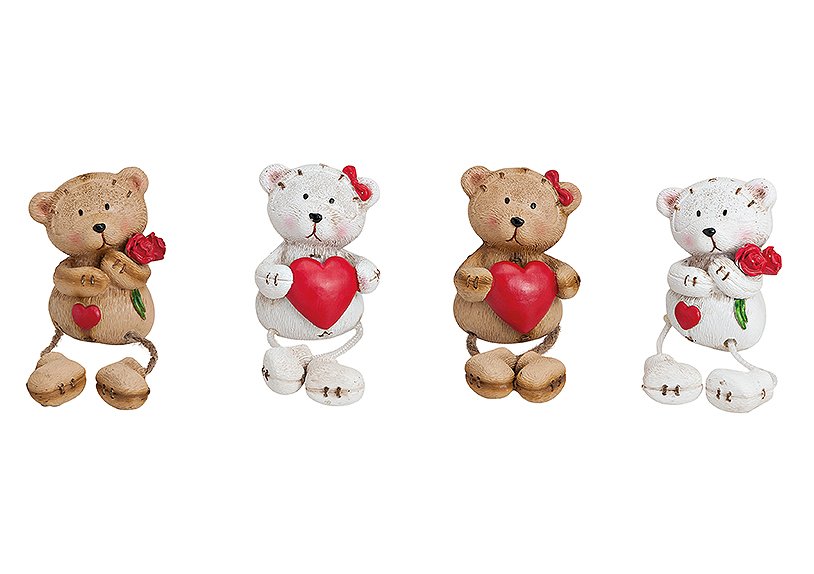 Bear for sitting on border w. heart/rose poly 4-ass.6/12 cm