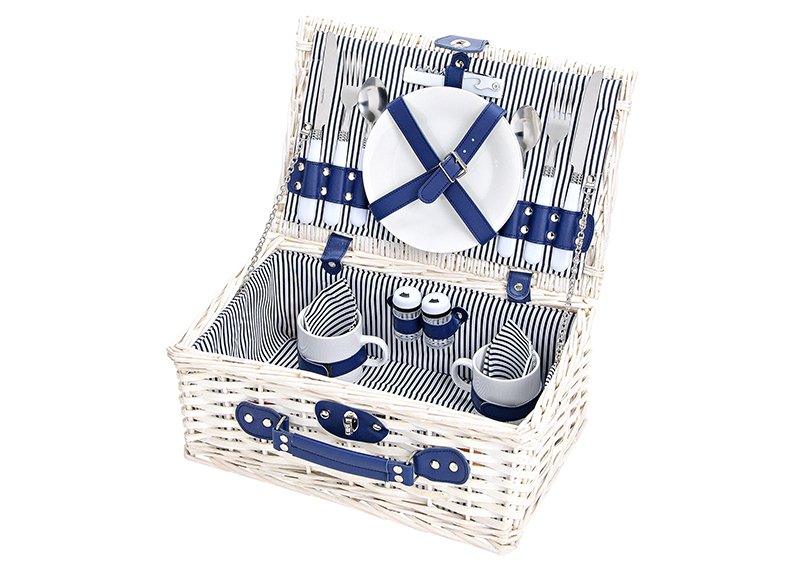 Picknickmand voor 2 personen gemaakt van wilgentenen, 16 stuks, B38 x D25 x H16 cm