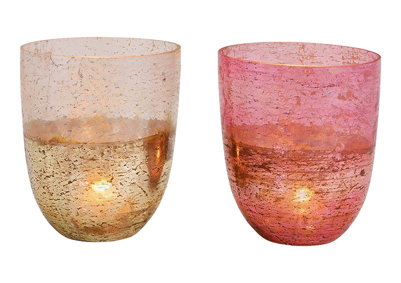 Windlicht aus Glas Champagner, pink 2-fach, (B/H/T) 15x18x15cm