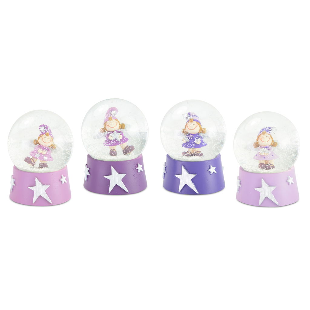 Boule à neige ange Viola. 4 motifs assortis. Poly. 8 cm. 1 pc. Mix Violet