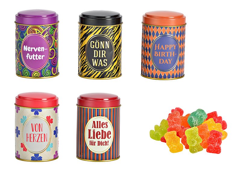 Fruit jelly bears in tin, 100g, motif, occasions, made of metal colorful 5-fold, (W/H/D) 7x10x7cm