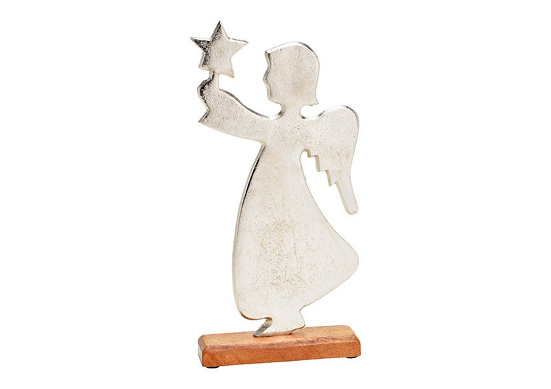 Engel auf Mangoholz Sockel aus Metall Silber (B/H/T) 18x38x5cm