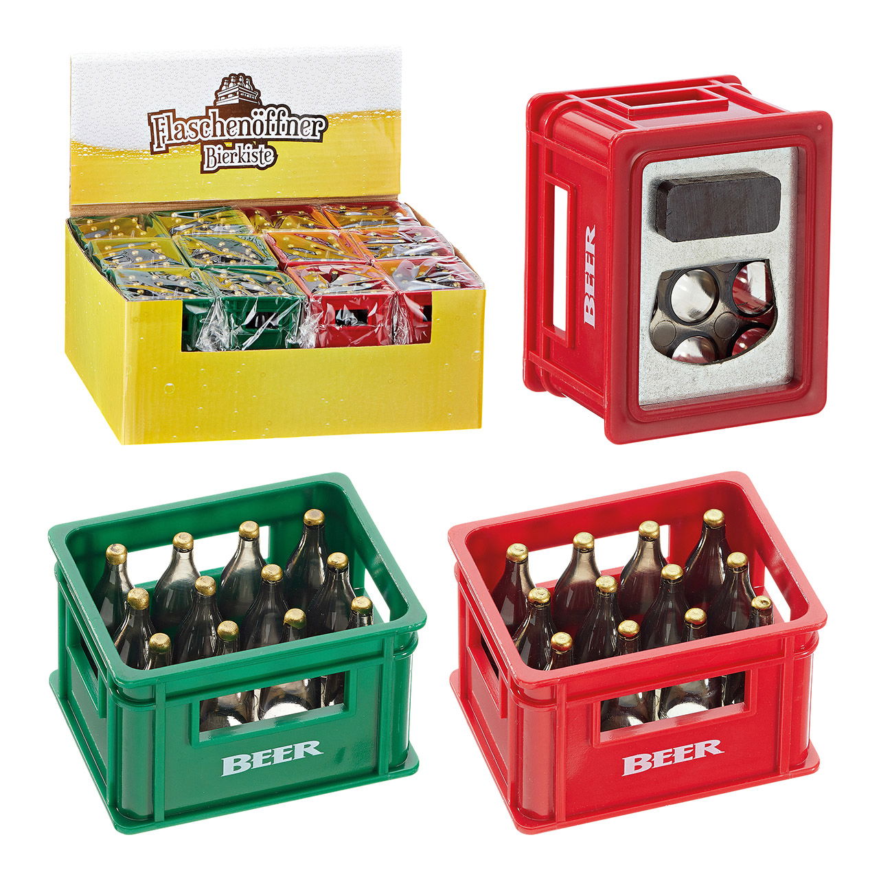 Flesopener bierkrat, plastic, metaal rood, groen 2 assorti, (B/H/D) 6x6x6cm