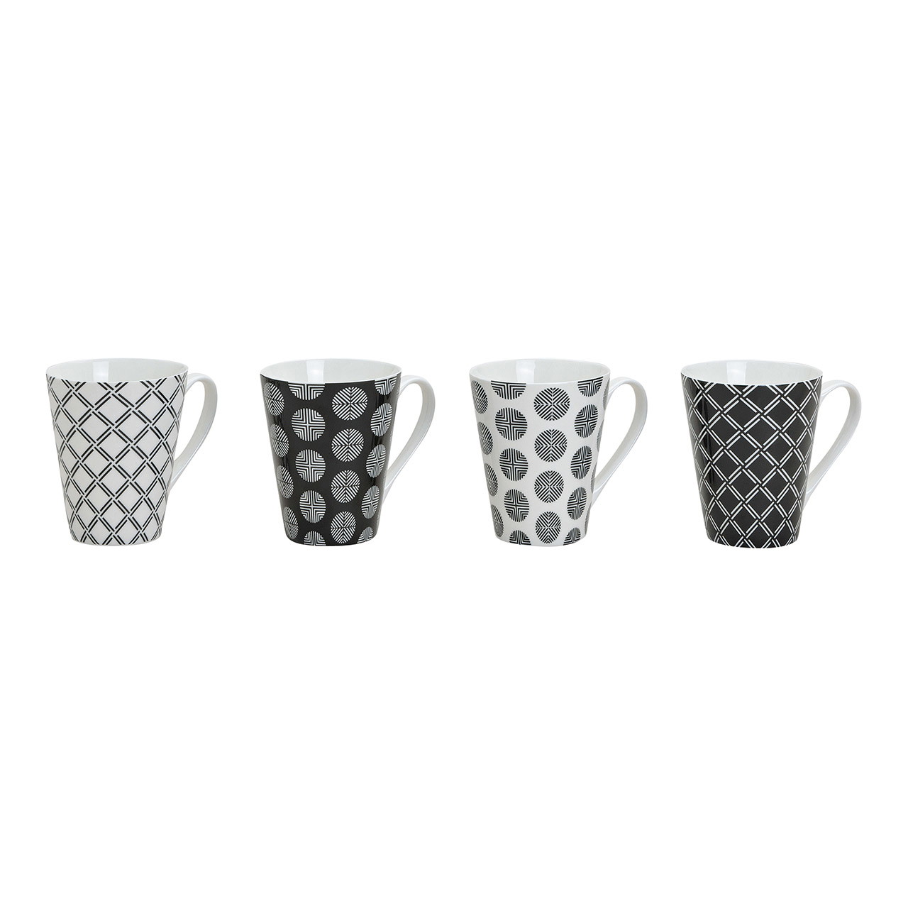 Becher schwarz Retro aus Porzellan, 4-fach sortiert, 10 cm, 350 ml Tassen, Becher, Muster, Schwarz-Weiß, Kaffee-/Teetasse